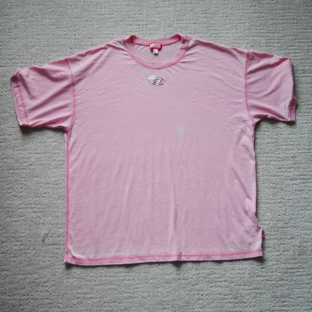 Diesel Mens Pink Acid Wash T-Shirt Metal D Logo Plaque XXL Short Sleeve Tee